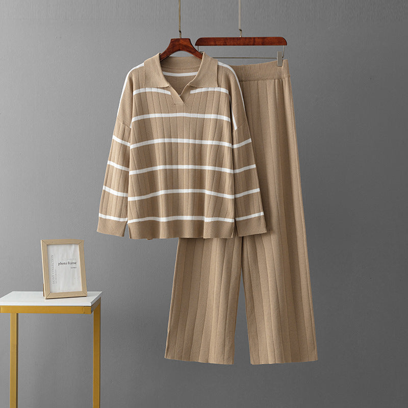 Striped V-neck high waisted wide leg pants two-piece set