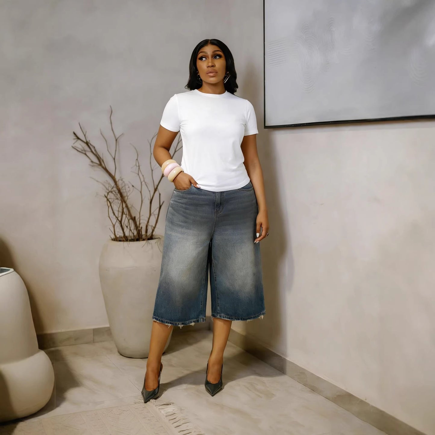 Casual Minimalist Wide-Leg Seven-Quarter Denim Pants