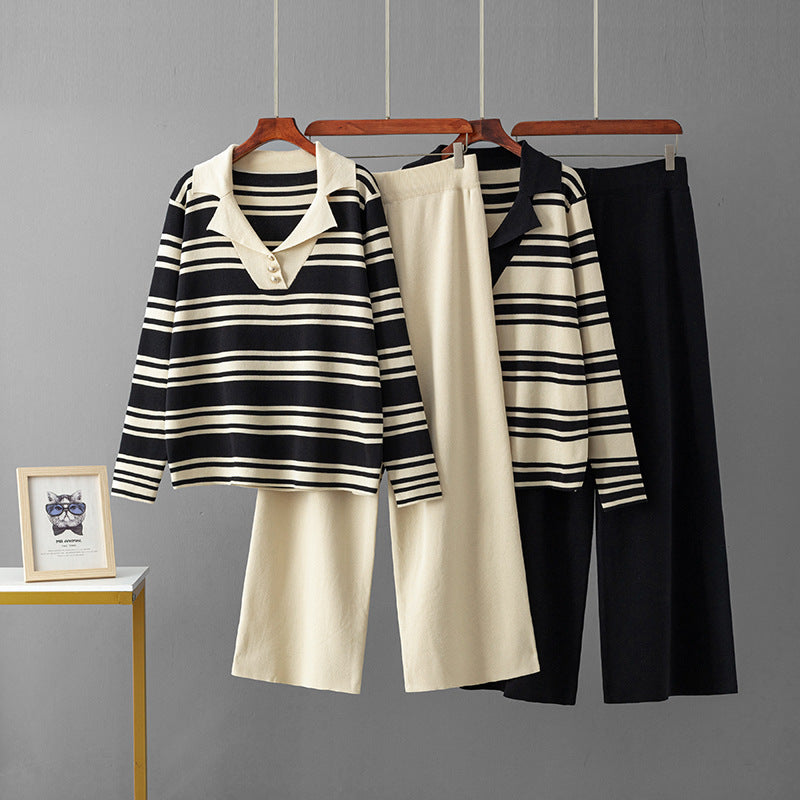 Flip collar color blocked striped long sleeved wide leg pants two-piece set for women