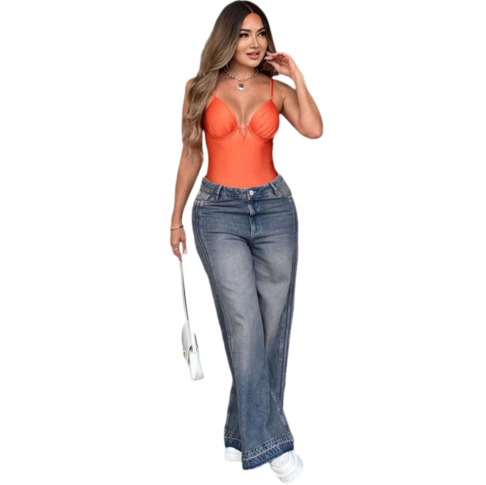 Women's High-Waisted Wide-Leg Jeans with Side Stripes Straight Leg Long Pants Summer New Style