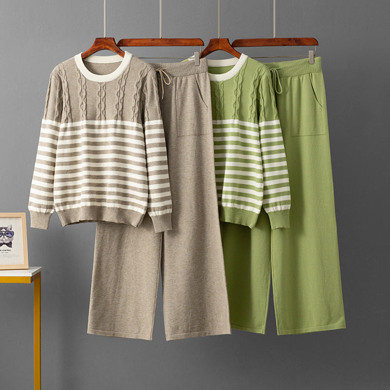 Round neck sweater loose pants two-piece set