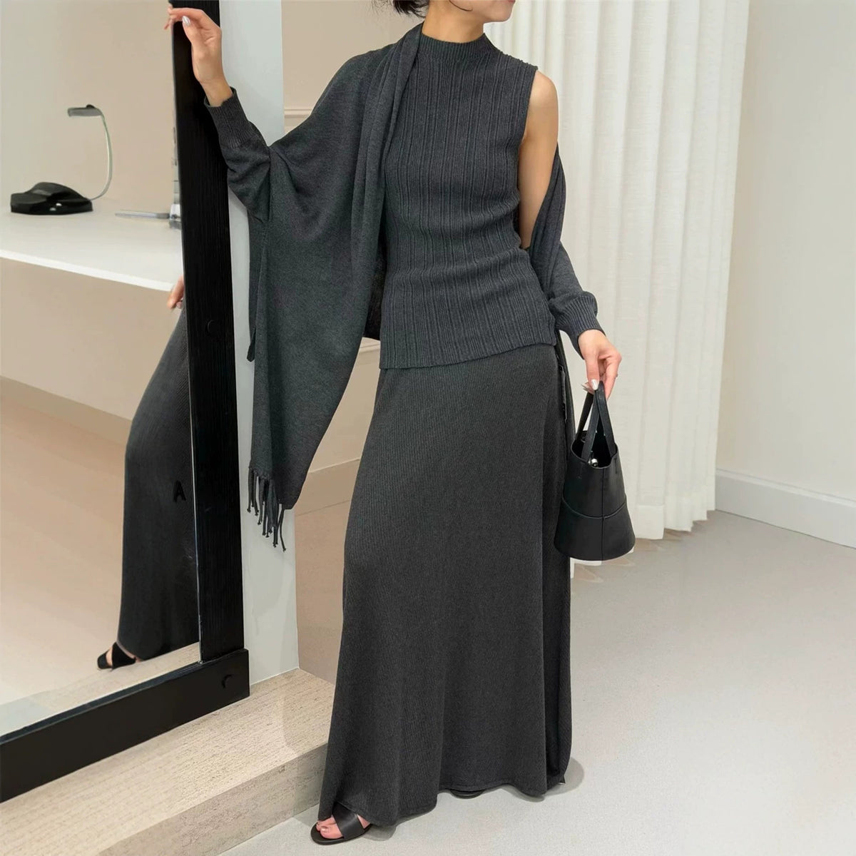 Tassel Bat Sleeve Top Skirt 3-Piece Set