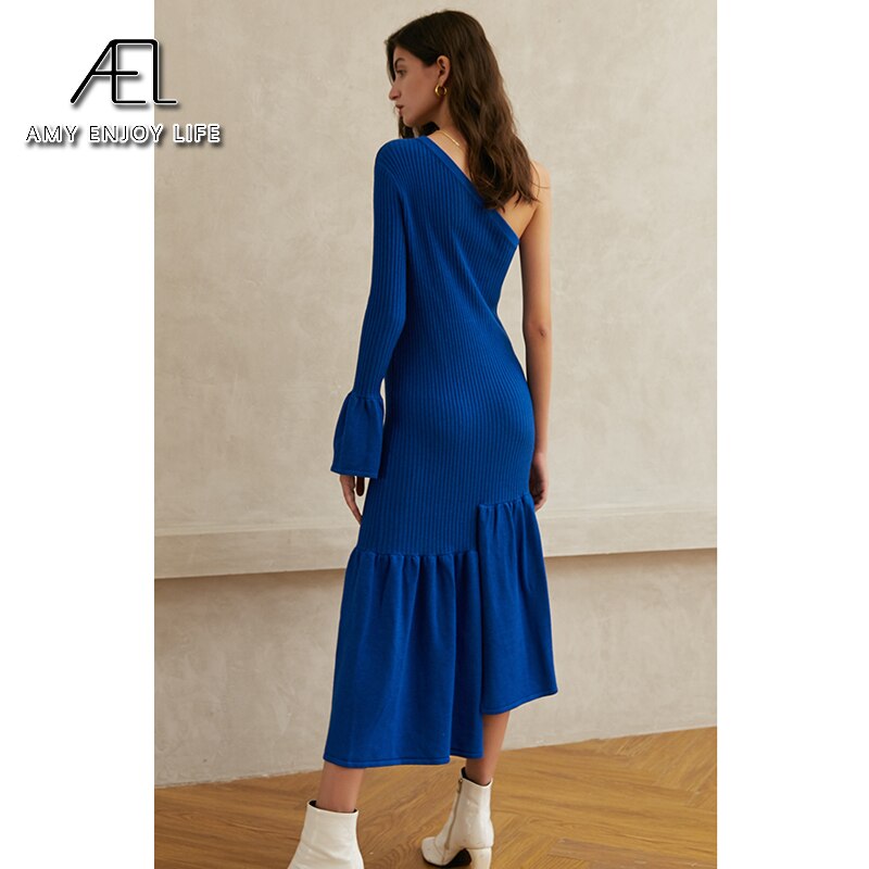 AEL Wool Knitted Party Dress Women Spring Elegant Sexy One Shoulder Fishtail Long Dress Elastic Slim Blue