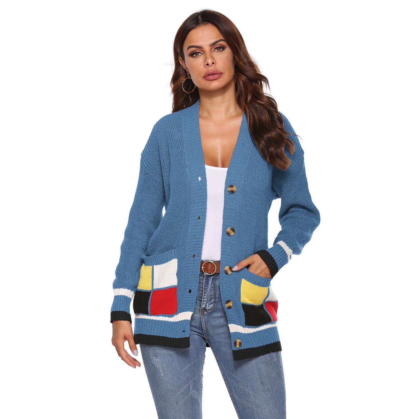 Women's Thick Woven Cardigan Coat with Color-blocked Large Pockets, V-neck Casual Sweater