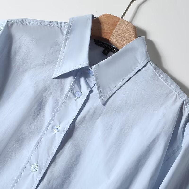Collar long sleeved single breasted loose and versatile long cut shirt for women