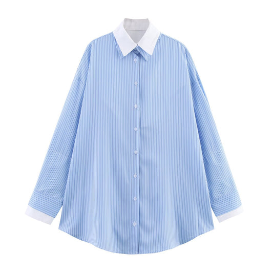 Women's collar long sleeved striped shirt top