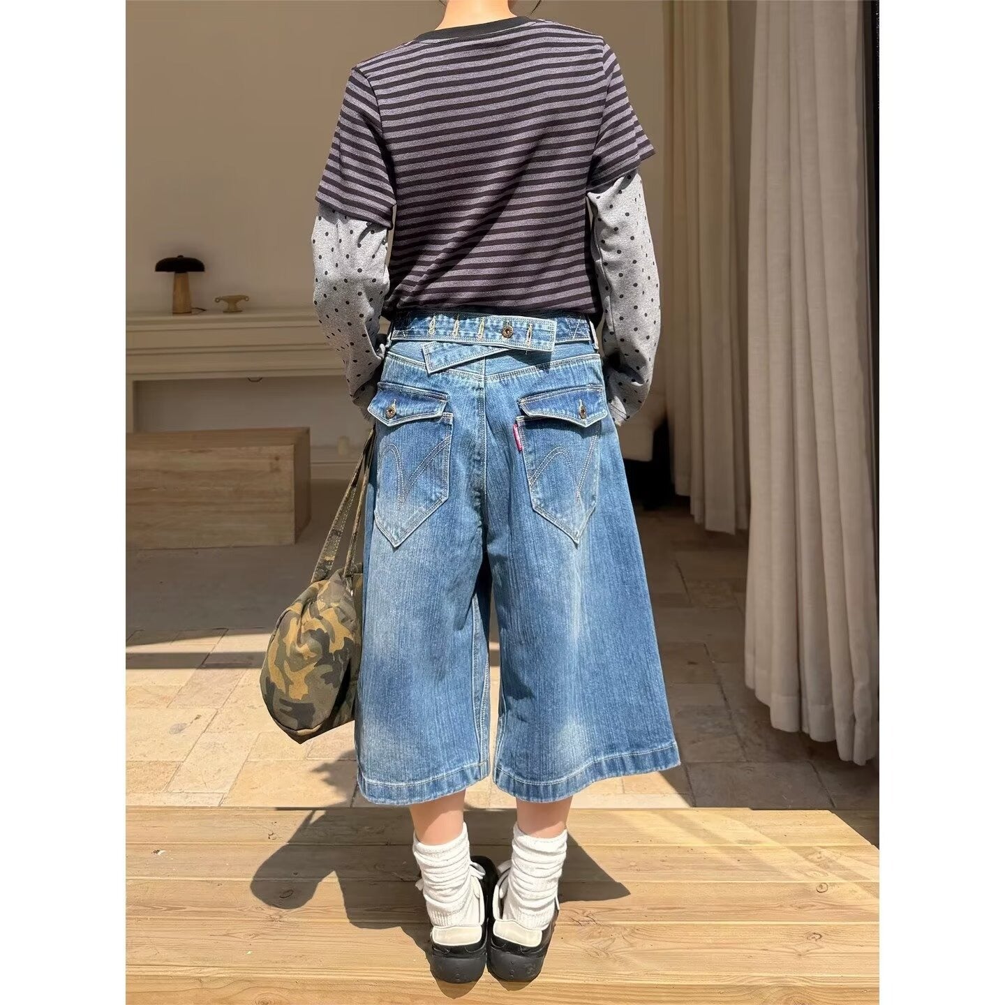 Bamboo Texture Button-Down Denim Pants