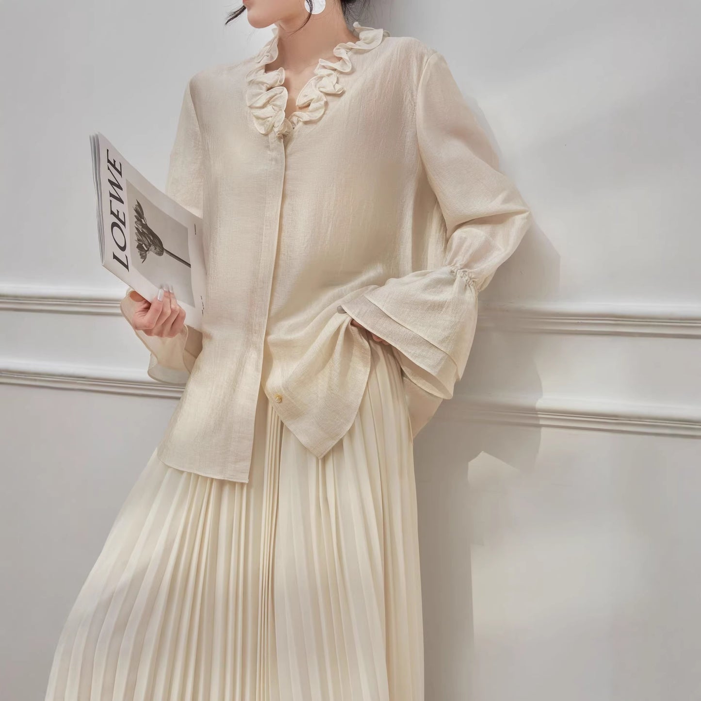Shimmering Acetate Satin Ruffled Sweetheart Neckline Lightweight Sheer Blouse