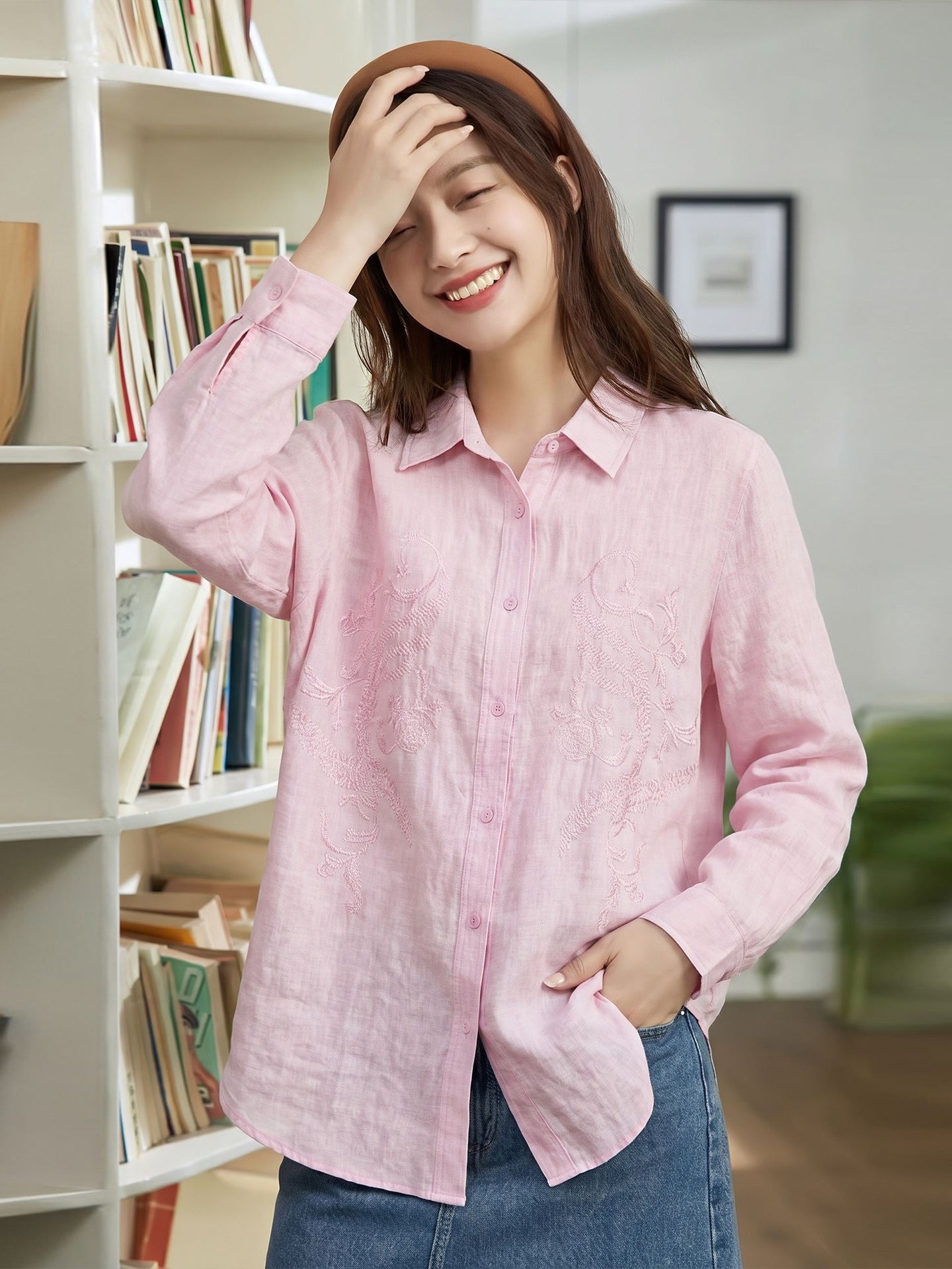 Elegant Refined Style Embroidered Lyocell Blouse for Women Long Sleeve Unique Design Open Front Shirt