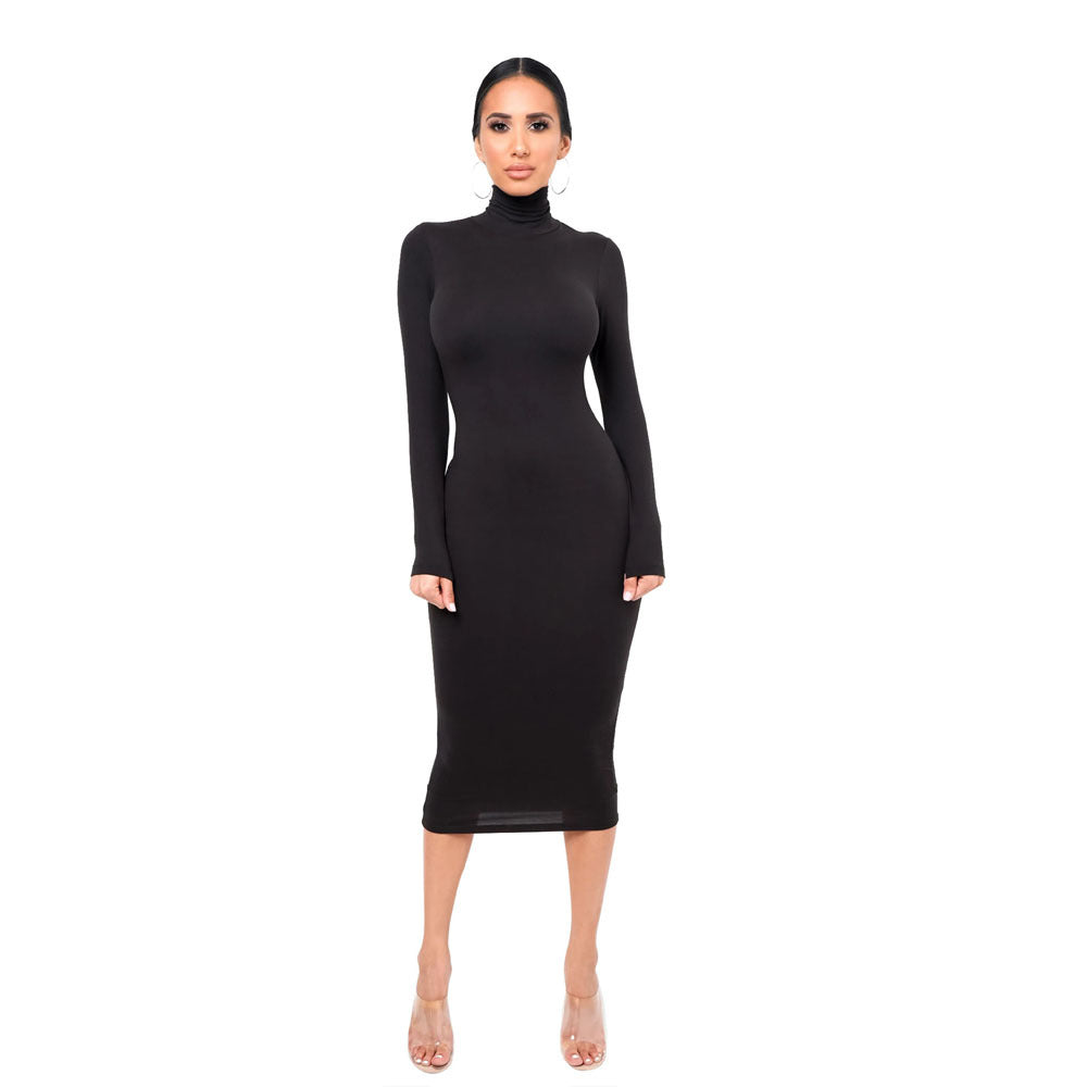 Autumn Winter New Fashion Sexy High Neck Dress Knit Thick Fitted Bodycon Dress