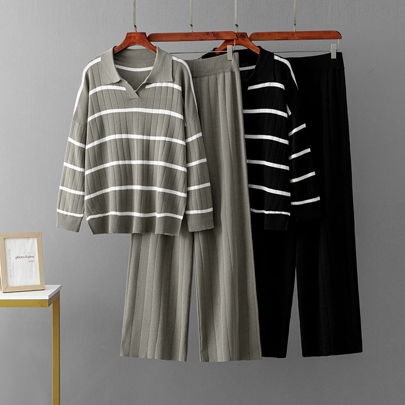 Striped V-neck high waisted wide leg pants two-piece set