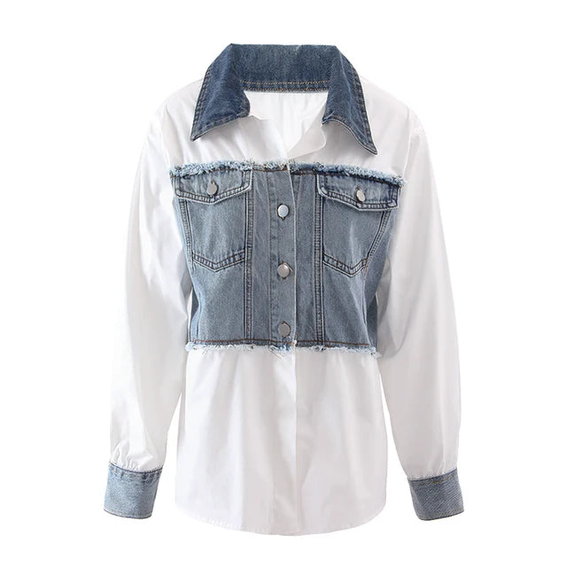 Fashion Women's Denim Spliced Shirt Loose Lapel Long Sleeves Single Breasted Tassel Blouse  Autumn New Items