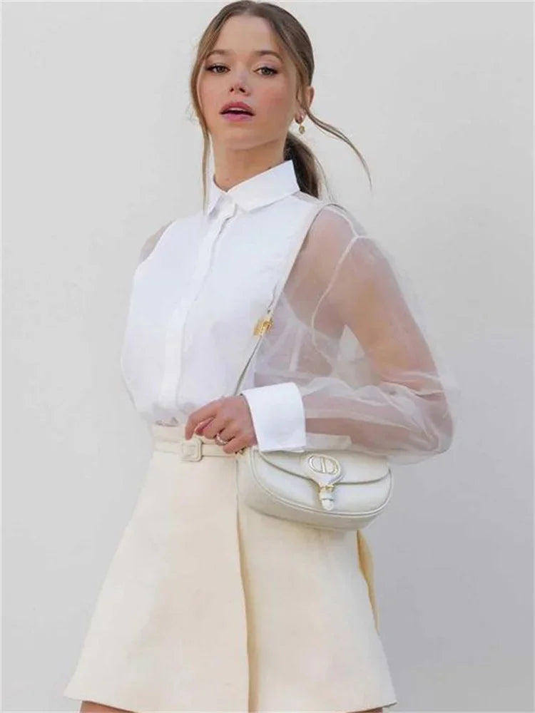 Women Solid Lapel Crop top Casual Long Sleeve High Waist Female Blouse