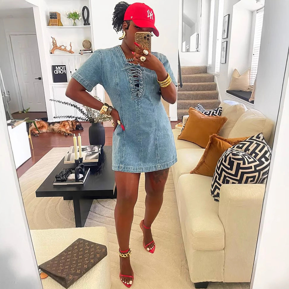 Women's Denim Dress Summer Street Fashion Tie-Front Short Sleeve Denim Dress
