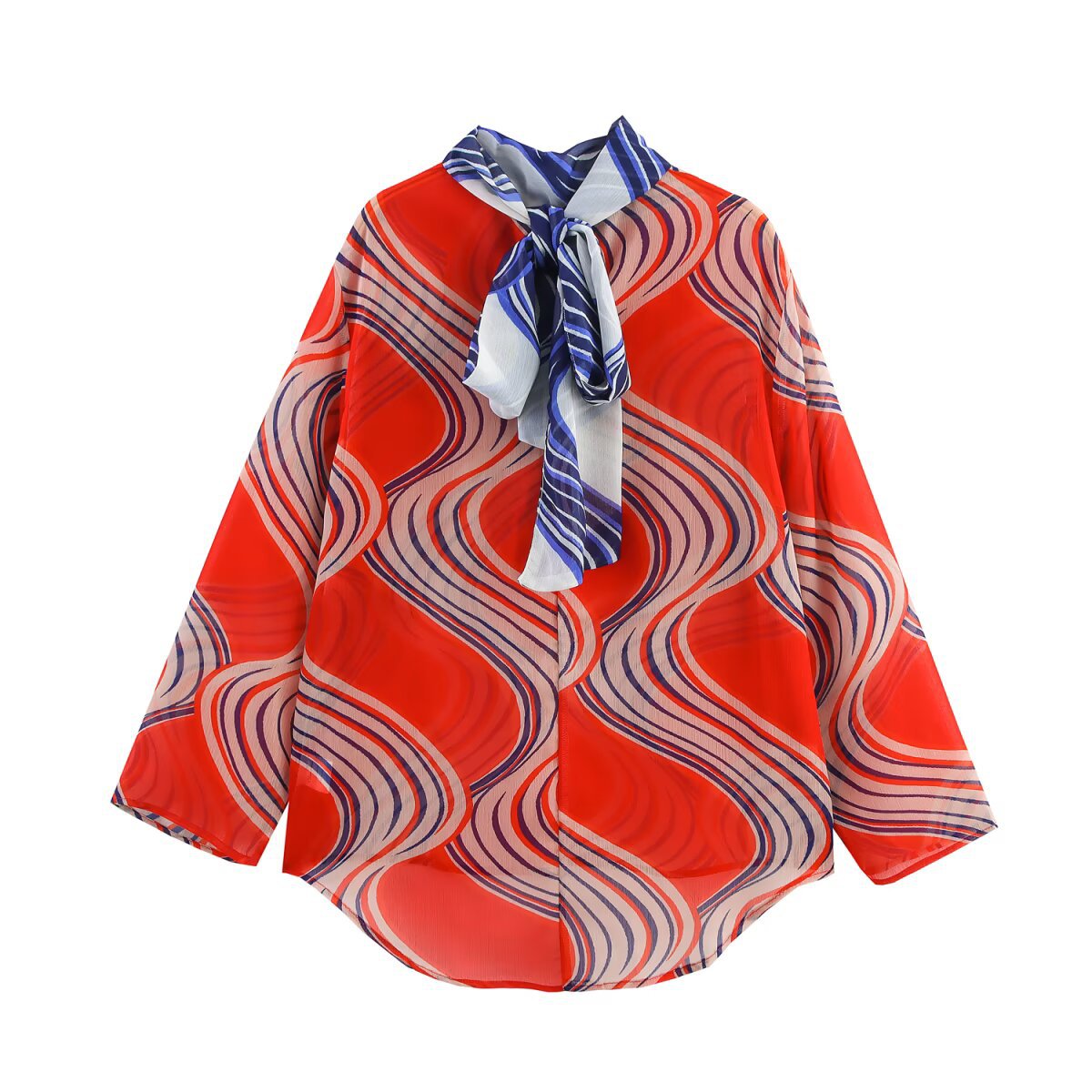 Women's Clothing Bowknot Decorated Printed Blouse + Loose Straight Leg Pants Set