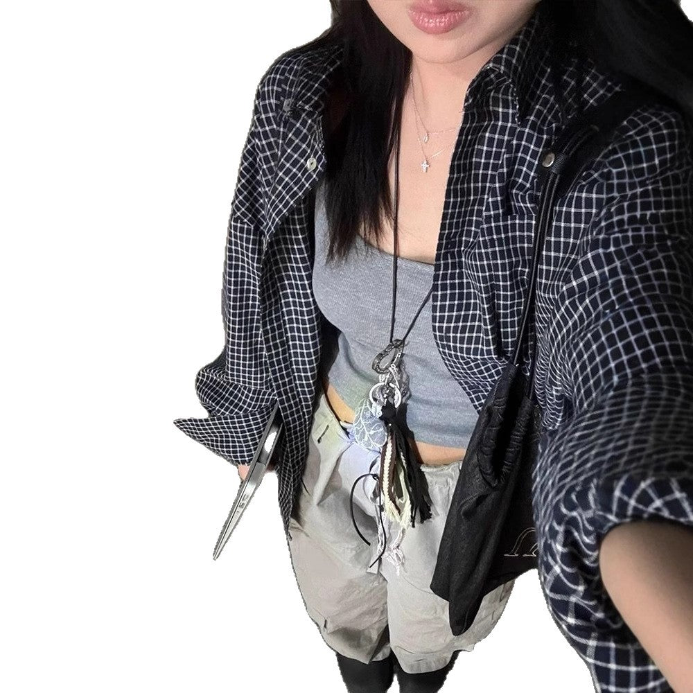 Black Plaid Long Sleeve Shirt Women's Turn-Down Collar Thin  Style Loose Casual Blouse Jacket