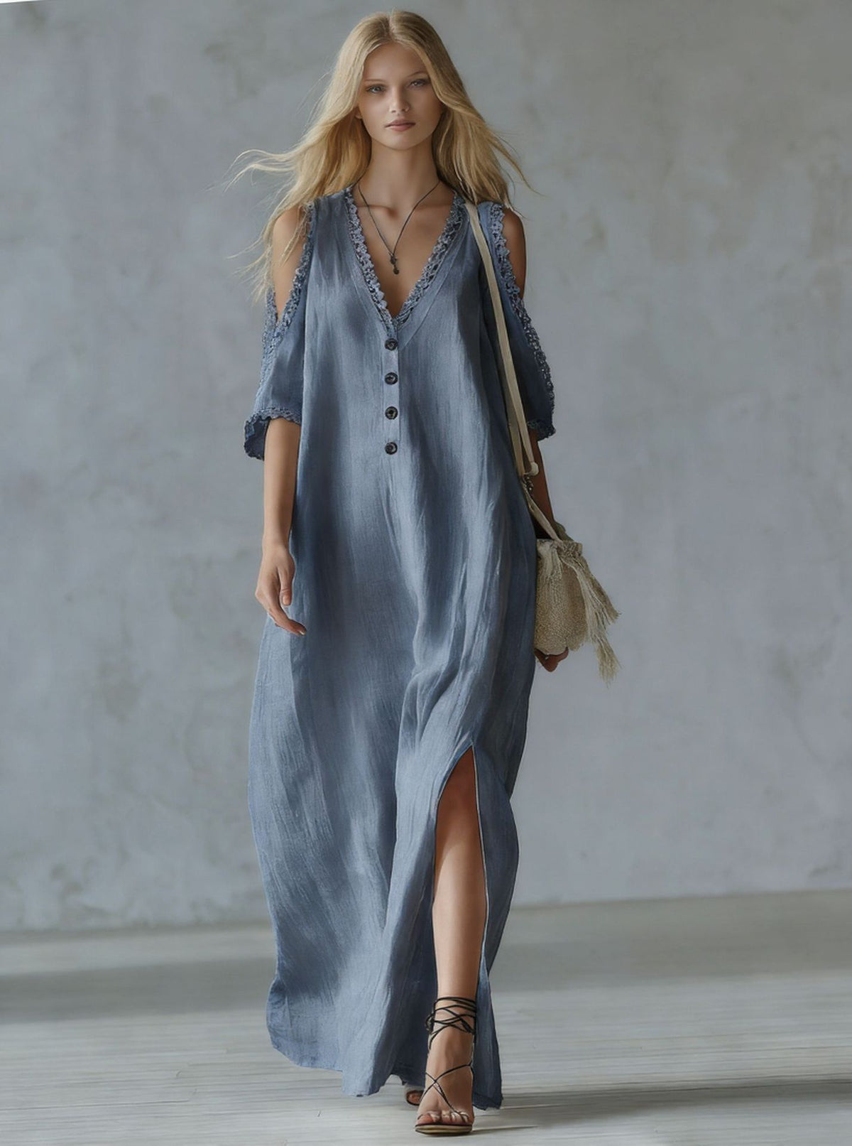 Style Lace Trim Loose Off-Shoulder Casual Women's Dress Long Dress