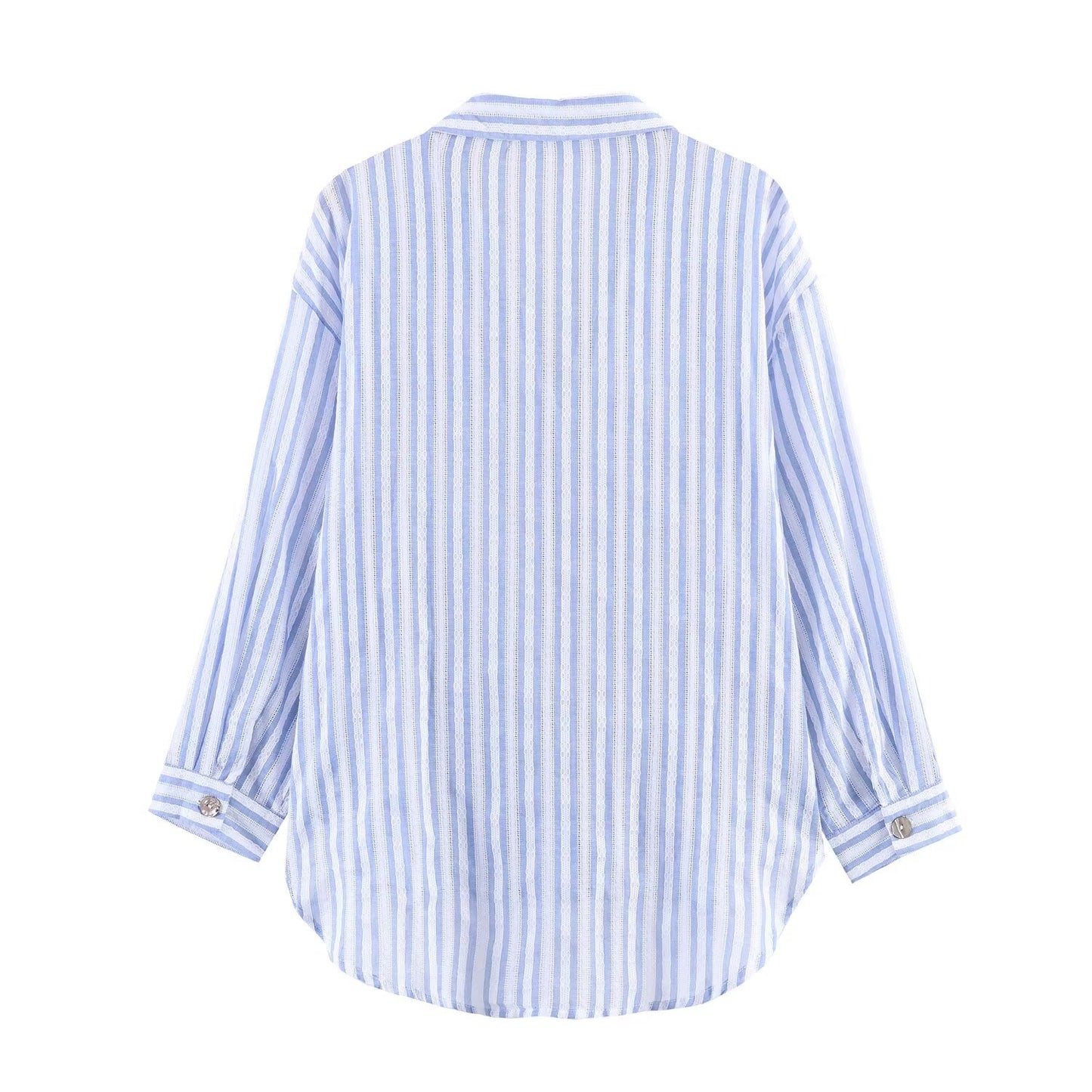 Women's Stripe Single-Button Flip Collar Long Sleeve Loose Shirt
