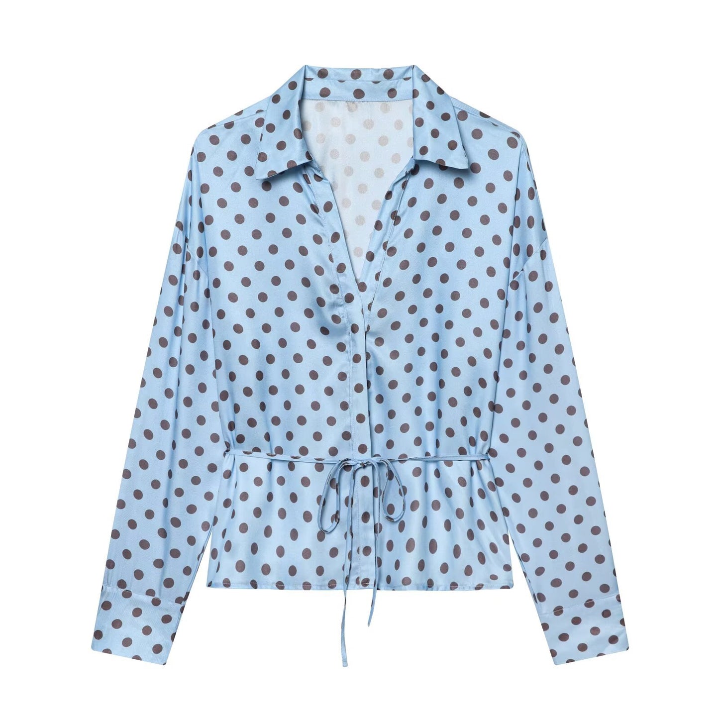 Long sleeved collar with belt satin shirt