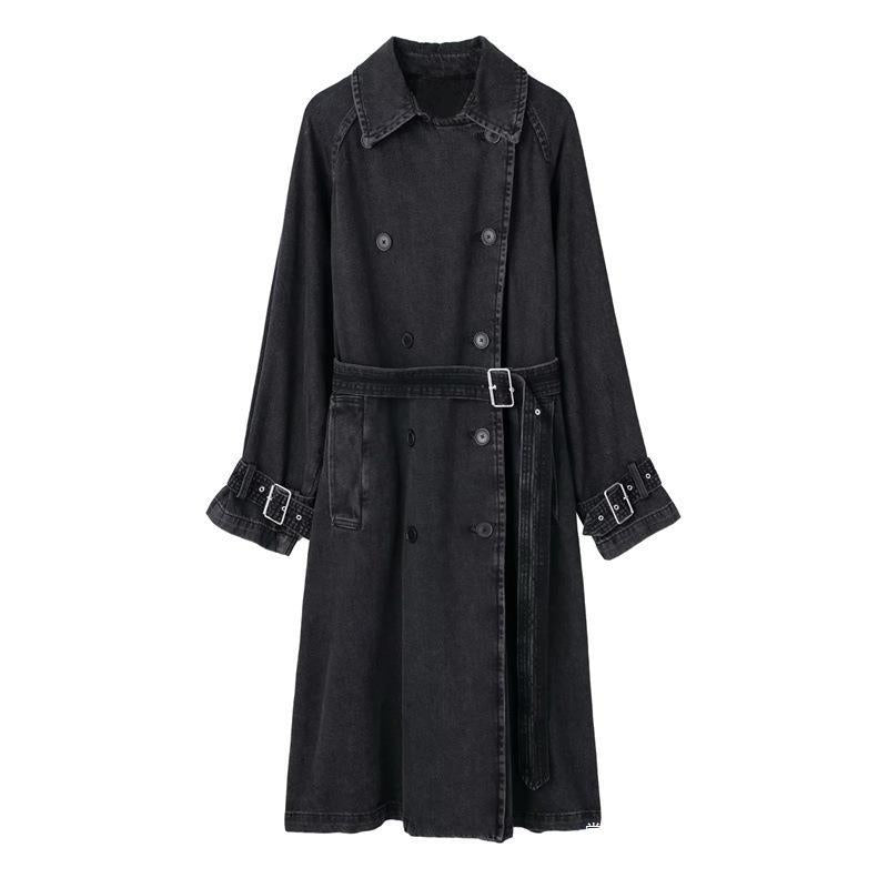 Long-sleeved Double-breasted Pockets Women's Loose Coat Long Coat Winter Belted Women's Casual Denim Windbreaker