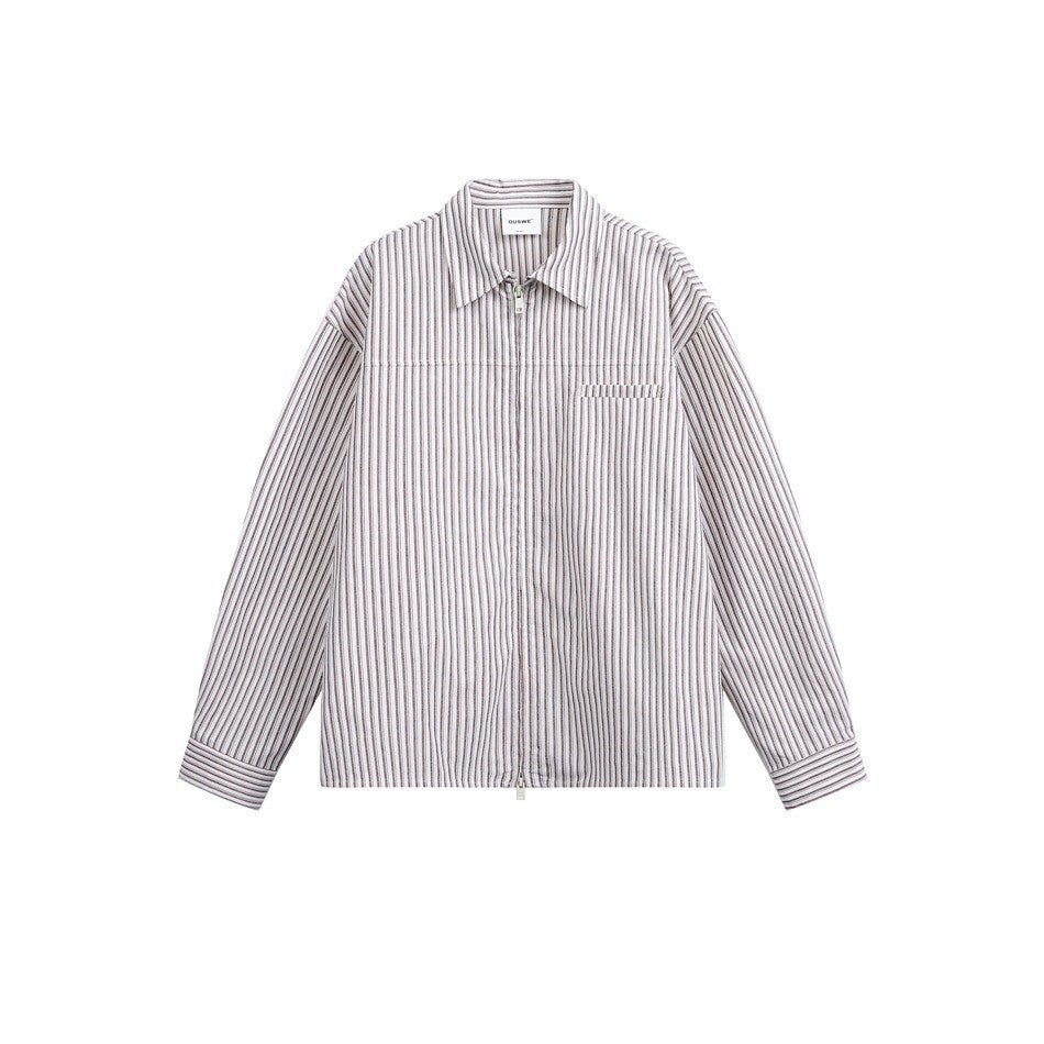Zipper Front Trendy Shirt Unisex Casual Long Sleeve Striped Shirt