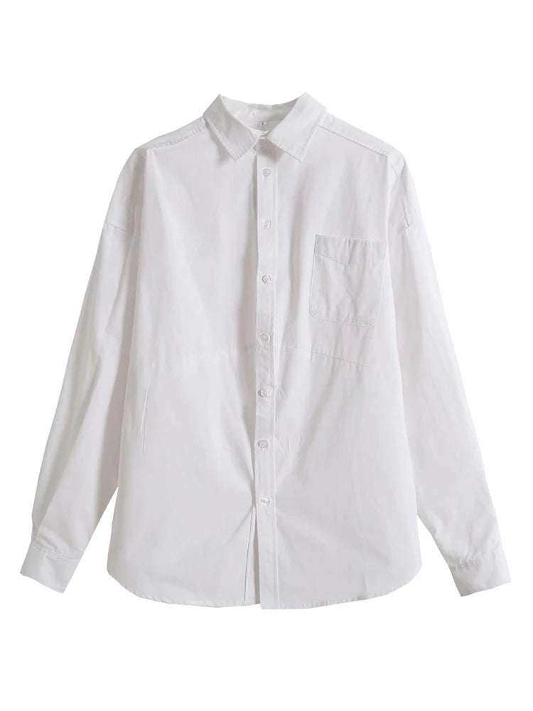 Women's Shirt Lapel Long Sleeves Single Breasted Loose White Pocket Cotton Lady Blouse Autumn