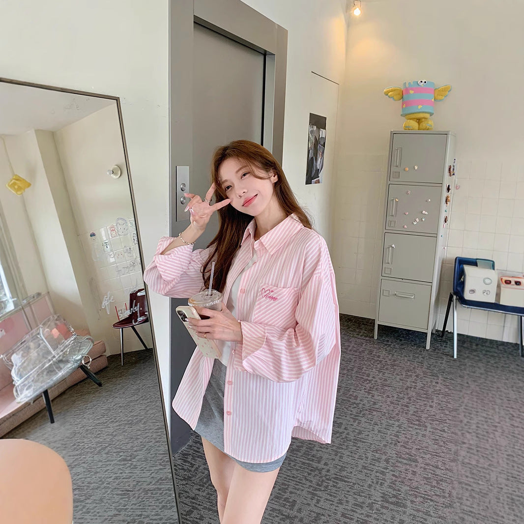 Embroidered Stripe Shirt Jacket Women's Thin Casual Blouse Loose Mid-Length Sunscreen Cardigan Versatile Top