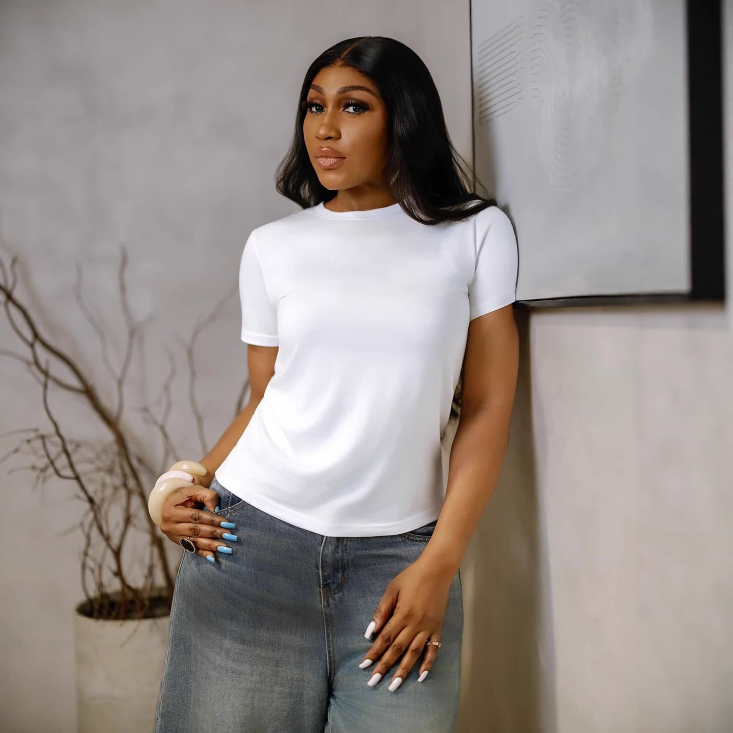 Casual Minimalist Wide-Leg Seven-Quarter Denim Pants