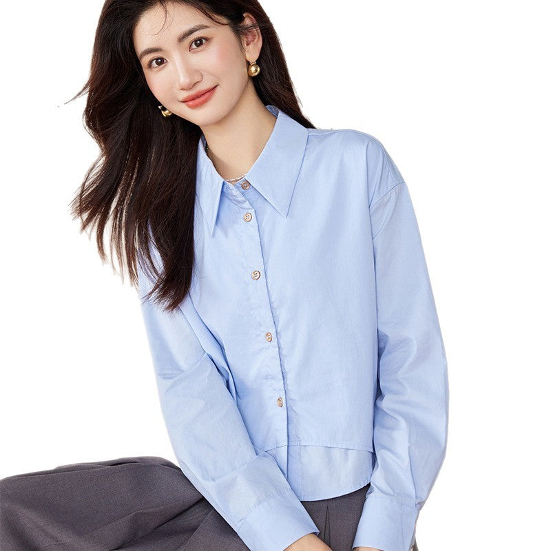 Elegant False Two-Piece Loose Long Sleeve Shirt for Women Fashionable Versatile Turn-Down Collar Solid Color Top