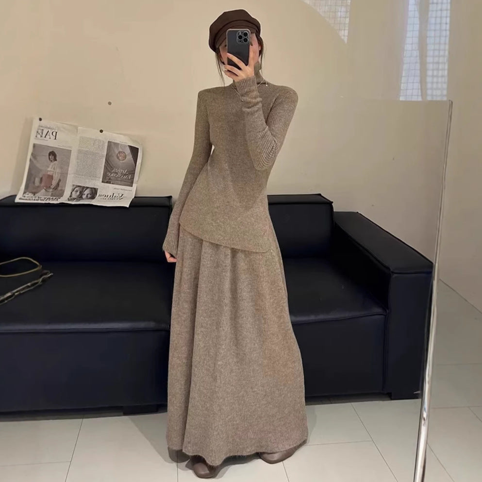 Turtleneck Knit Top and Half Skirt Two-Piece Set for Women, Elegant Slimming Knitwear Suit