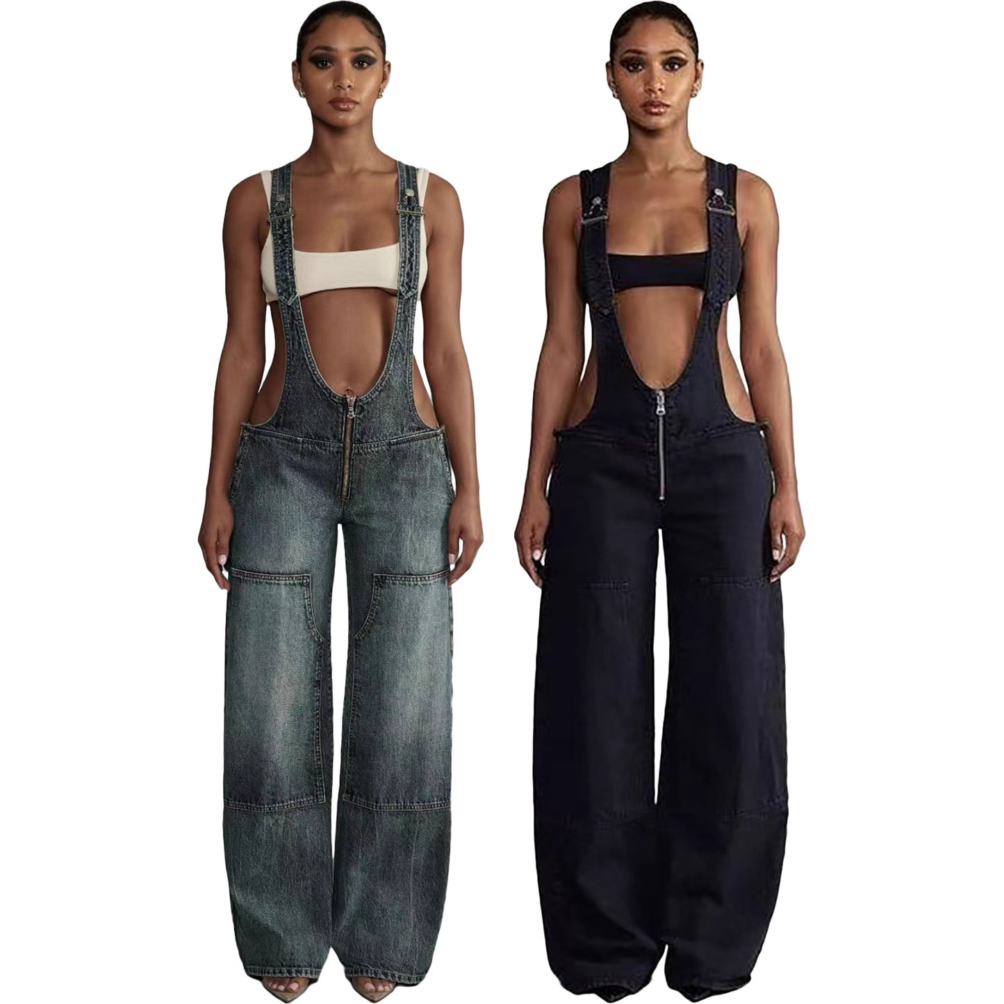 Street Style Low Waist Overalls Wide Leg Strap Pants Women's Fashion Casual Trendy Bodycon Pants
