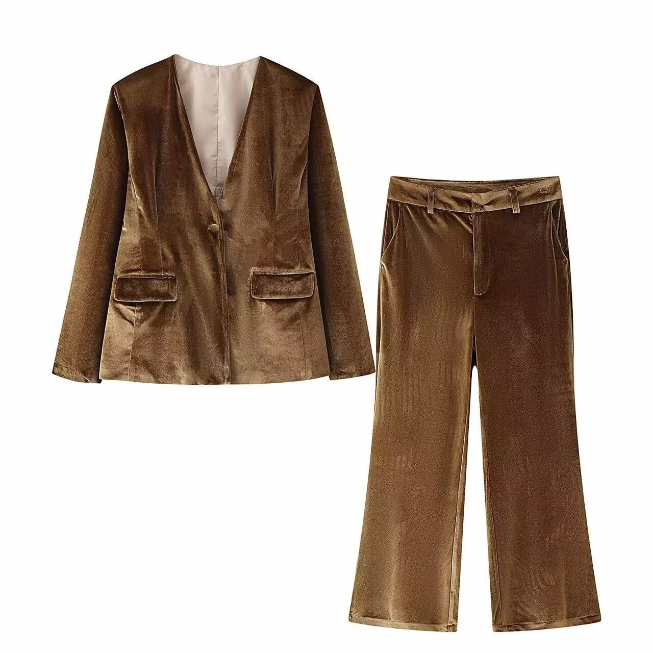 V-neck suit jacket+micro flared pants set