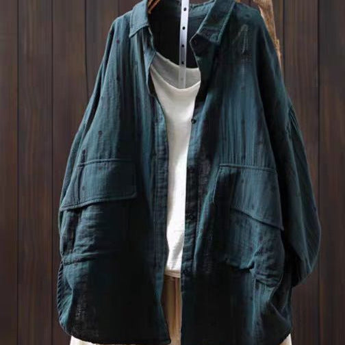 Loose Collar Cotton Shirt Women's Literary Slimming Long Sleeve Jacket Printed Outerwear