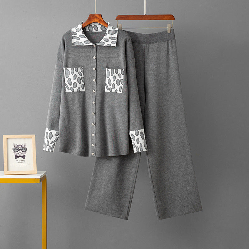 POLO collar loose sweater wide leg pants two-piece set for women
