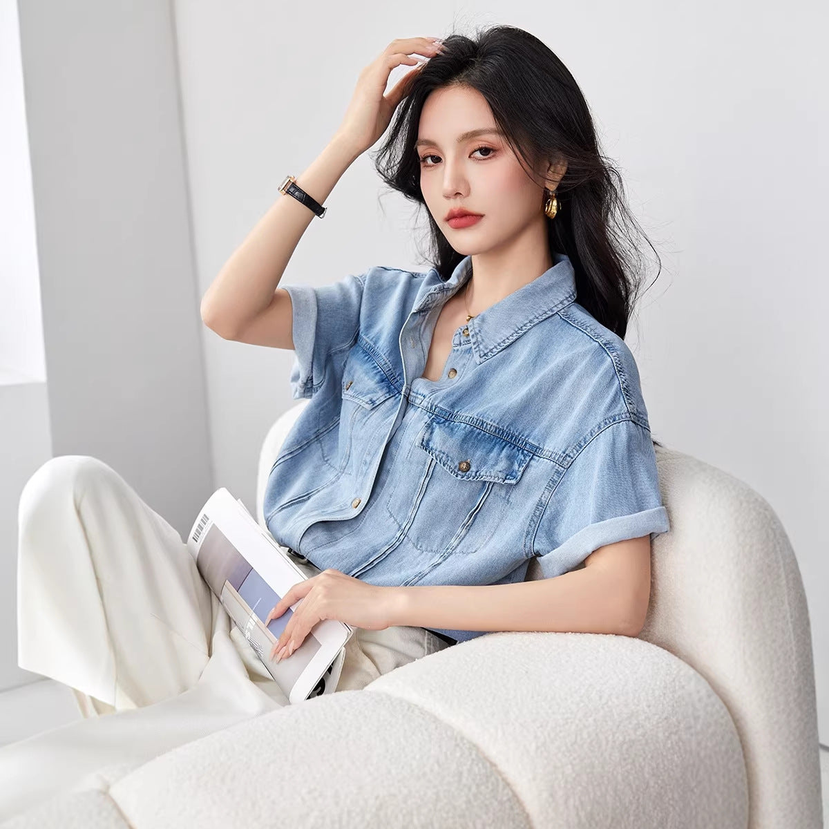 Summer Short Sleeve Denim Shirt Inner Layer Blouse Women's Casual Workwear Blue Top
