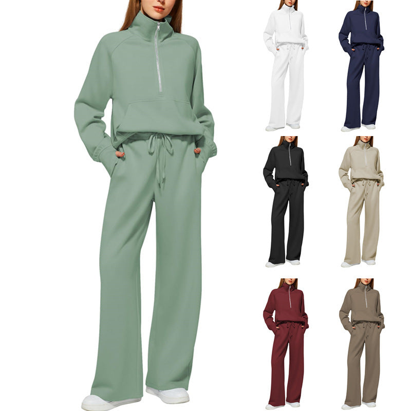 Women's Two-Piece Set with Oversized Half-Zip Hoodie and Wide-Leg Sweatpants Casual Outfit