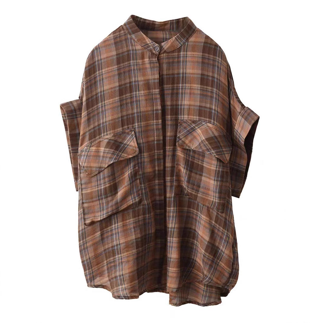 Vintage Plaid Cotton Shirt with Stand Collar and Large Pockets Short Sleeve Blouse Literary Plaid Top