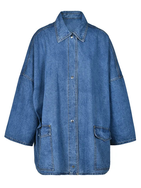 Casual Loose Denim Jackets For Women Lapel Quarter Sleeve Patchwork Pockets Minimalist Jacket Female Fashion New
