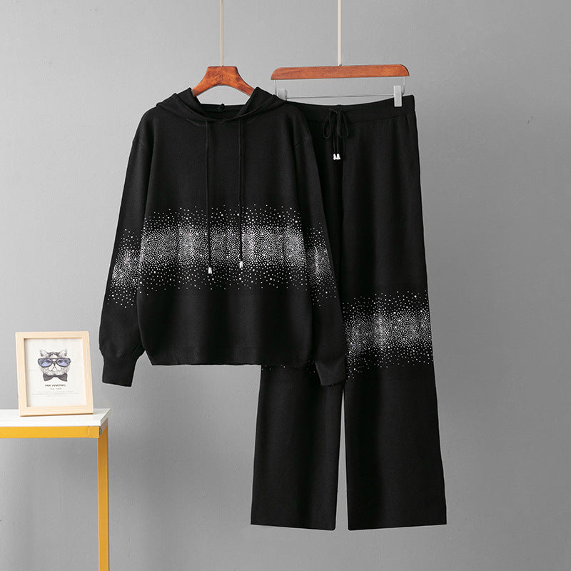 Loose hooded sweatshirt wide leg pants two-piece set