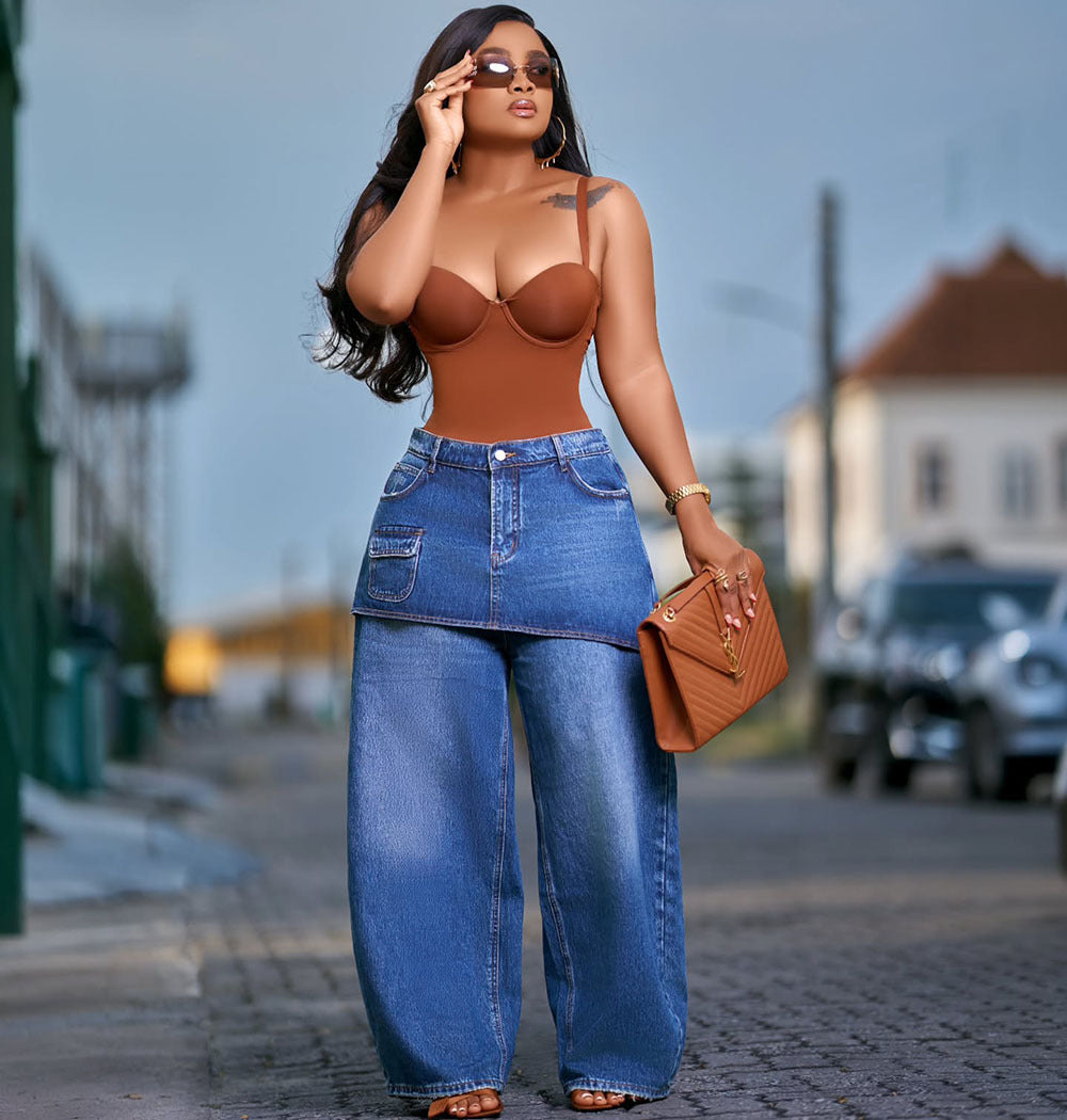Straight Leg Denim Pants for Women Washed Elastic Waist, Streetwear Denim Skirt Pants