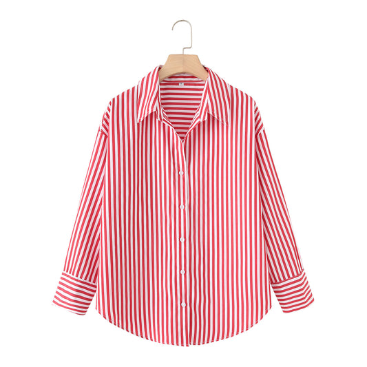 Women's collar long sleeved striped shirt top