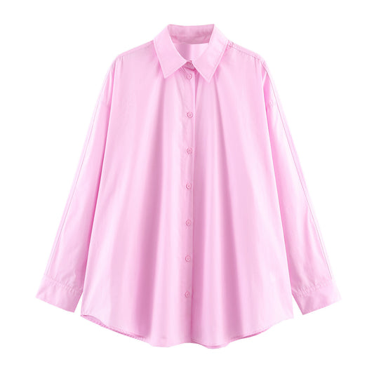 Long sleeved lapel simple style poplin loose shirt