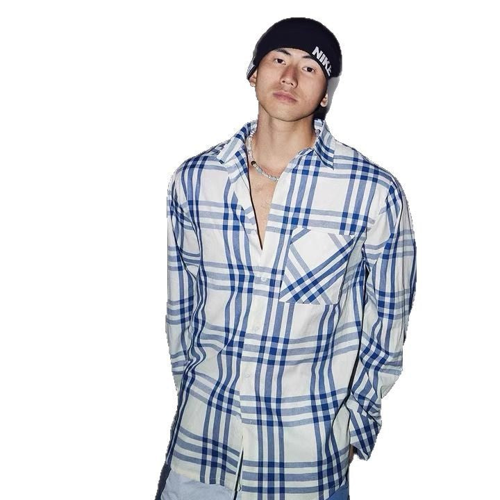 Blue checkered long sleeved shirt for men