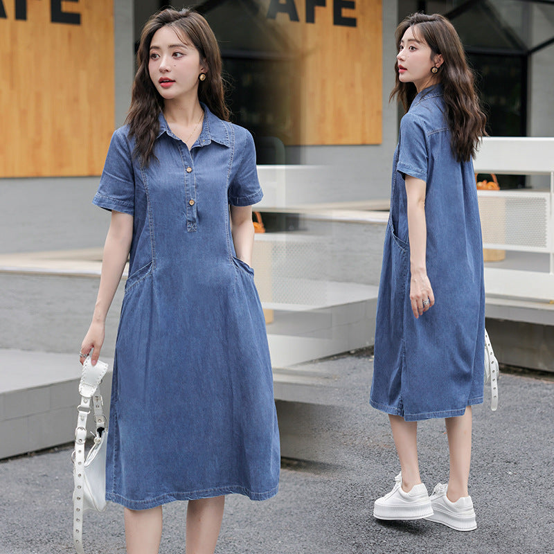 Lightweight Denim Dress Summer New Women's Short Sleeve Casual Youthful Plus Size Mid-Length Dress in Color Photo