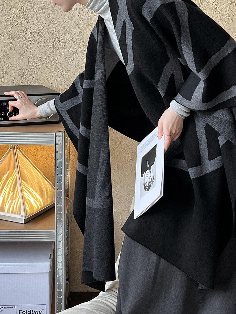 Thick striped cape cotton wool shawl women's coat