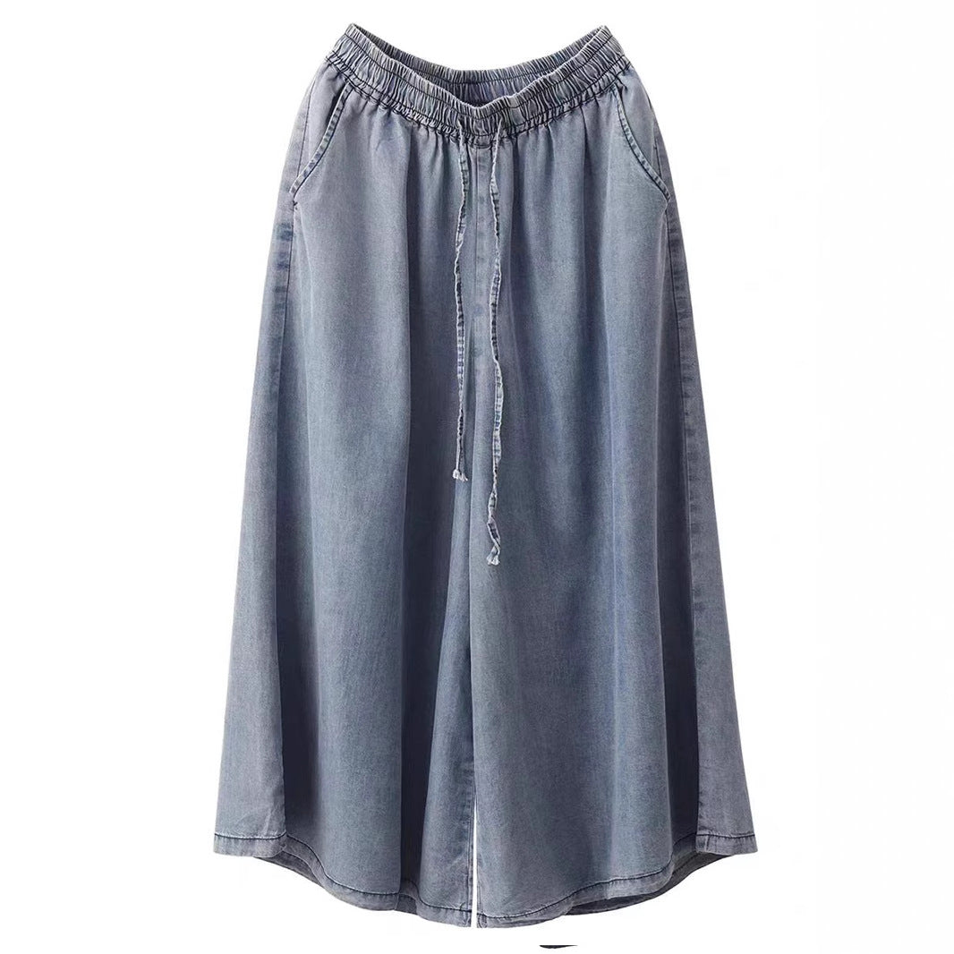 Retro Lyocell Tencel Denim Wide Leg Pants Women Summer Thin Wide Leg Literary Pants Slim Skirt Pants