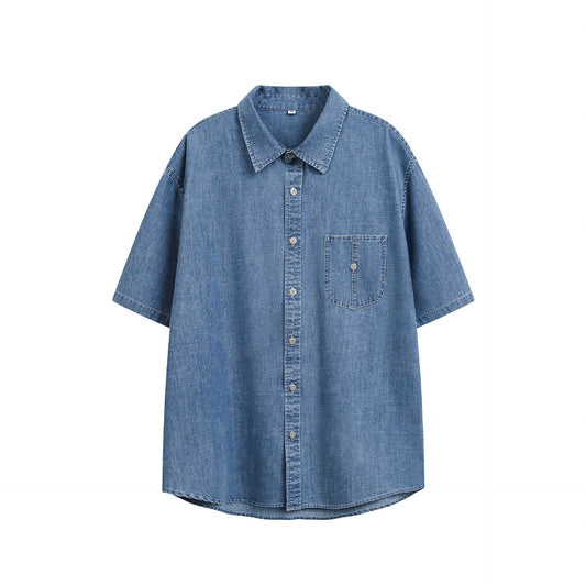 Washed and ground white single breasted loose short sleeved denim shirt