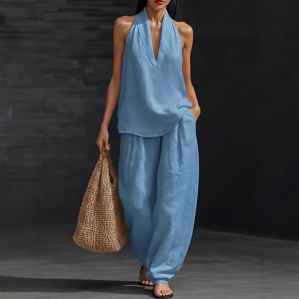 Fashionable Solid Color Strapless V-Neck Sleeveless Casual Two-Piece Set for Women
