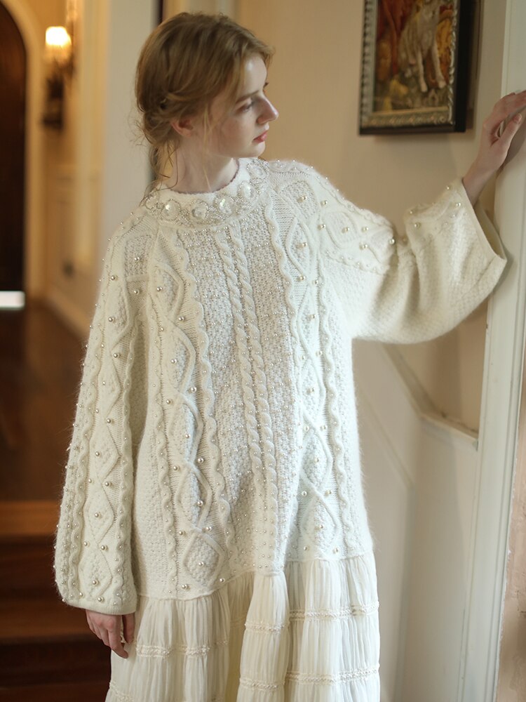 Wool Handmade Beaded Sparkling Elegant Big Skirt False Two-Piece Loose Sweater Dress