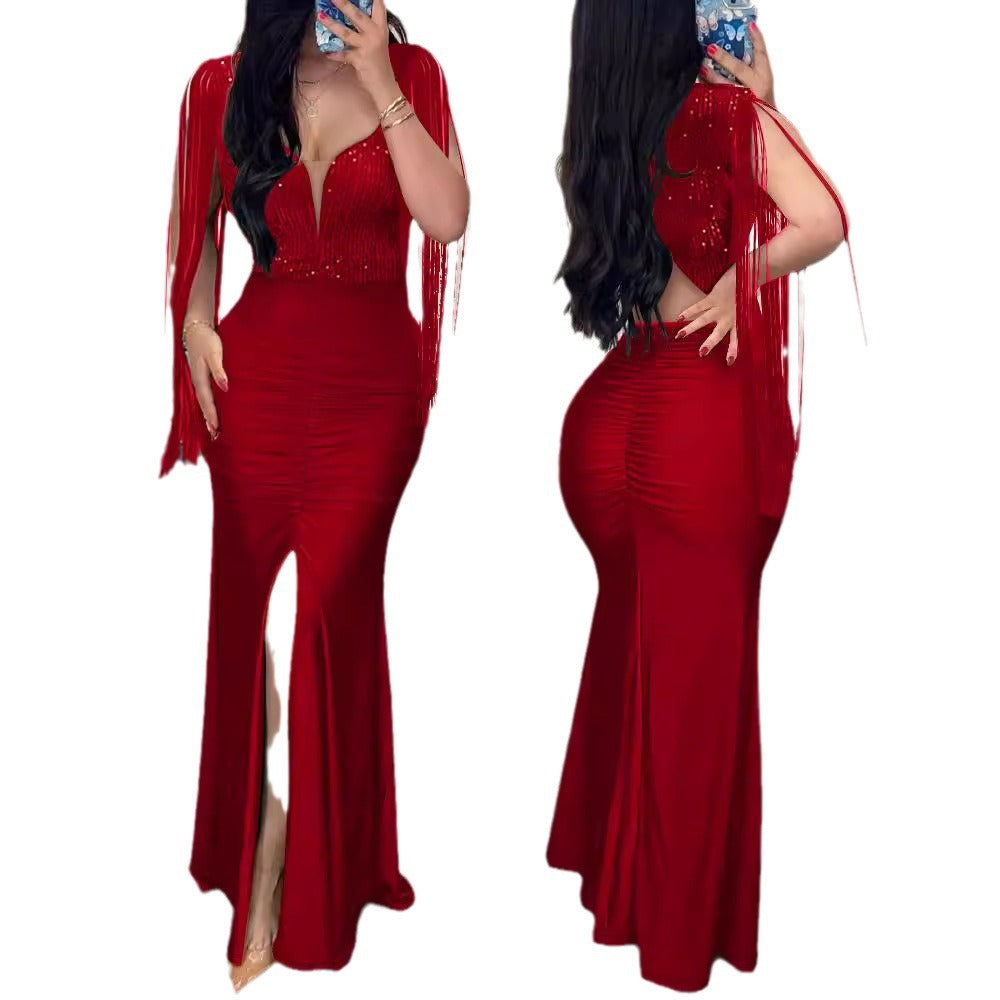 Beaded Bodycon Sexy Dress Round Neck Slit Fringe Sleeve Pleated Evening Gown